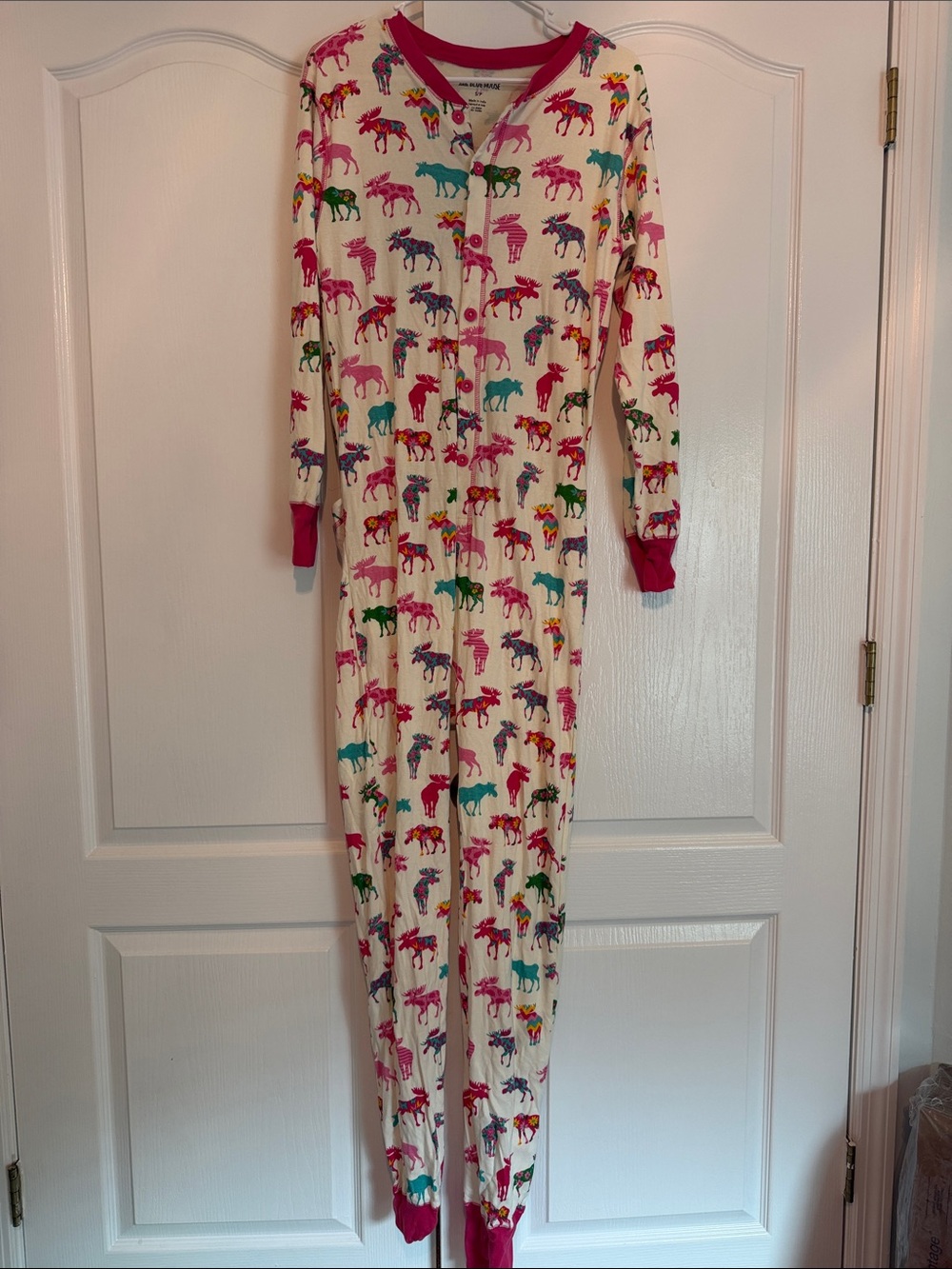 Cream One-Piece Moose Print Pajama Jumpsuit with Pink Trim size small